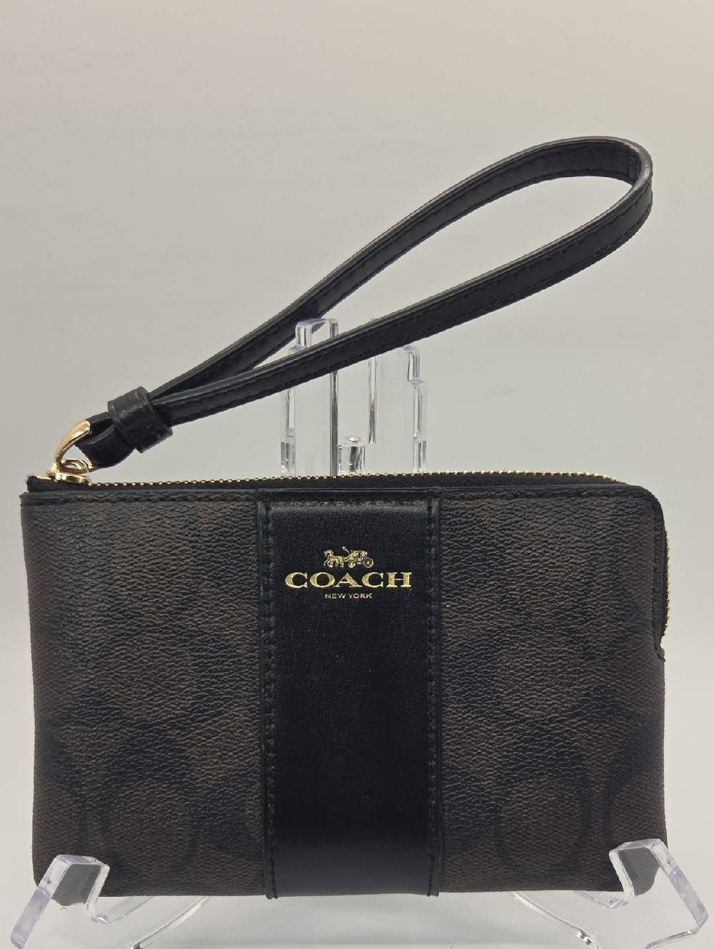 COACH Brown and Black Signature Canvas Wristlet with Gold Logo